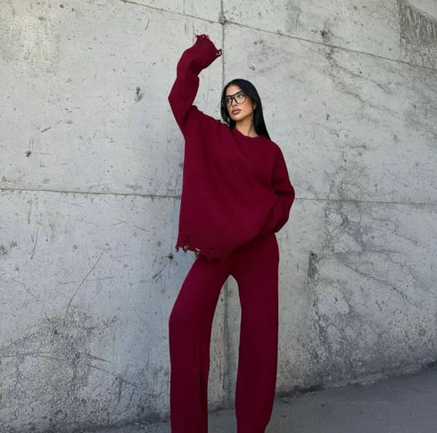 WOMEN KNITTED DISTRESSED CO-ORD SET - WINE RED